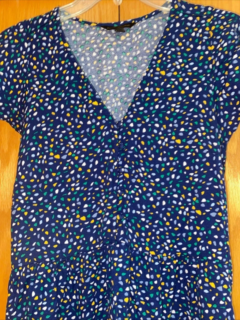 Banana Republic Mini Dress Sz M Blue Confetti Geometric Print Cap Sleeve Ruffle